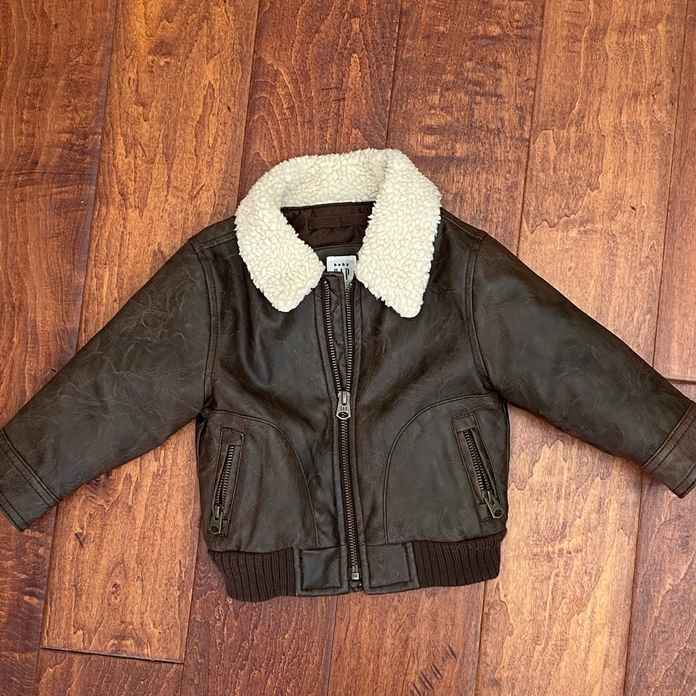 GAP Brown Leather Pea Coat with Cream Collar